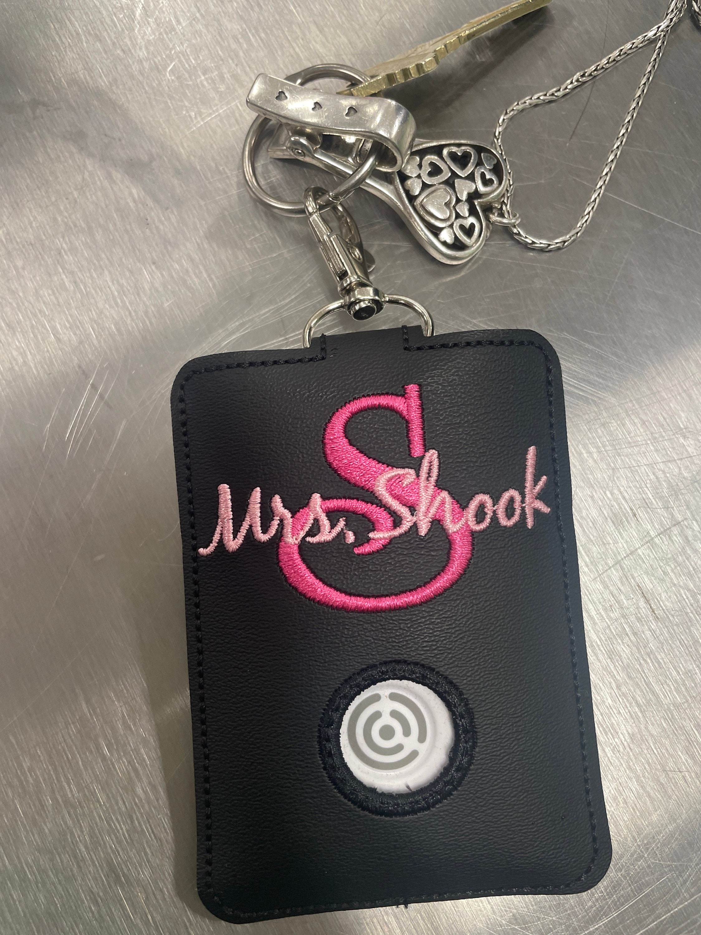 Alarm ID Badge Holder, Alarm Holder Key Ring, Vertical ID Card Case, Lanyard Accessory, Teacher Gift, Monogram Script