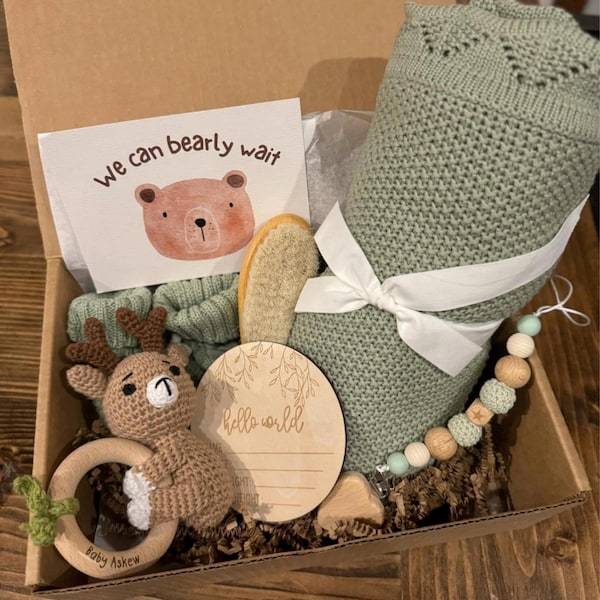 Bab Fall Rattle Personalized Fall Baby Shower Gift Box With Sage Green Knitted Blanket ...