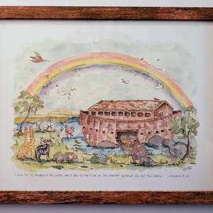 Debbie Kingston Baker Noah's Ark 水彩　絵画 Debbie Kingston Baker Noah's Ark Signed Large White Frame