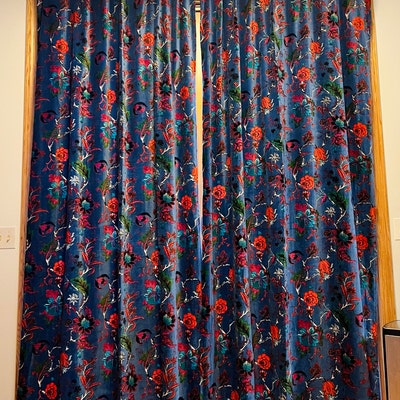 Blue Floral Velvet Curtains, Custom Window Curtain Panels, Curtains for ...