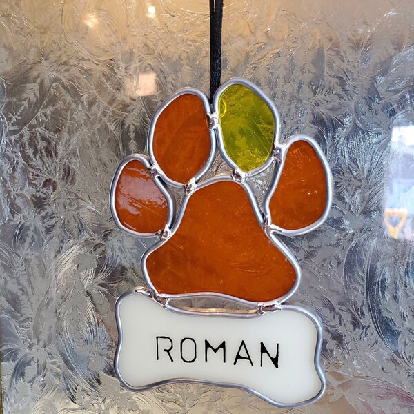 Pet Memorial Stained Glass Paw Print Suncatcher W/personalized Dog Bone ...