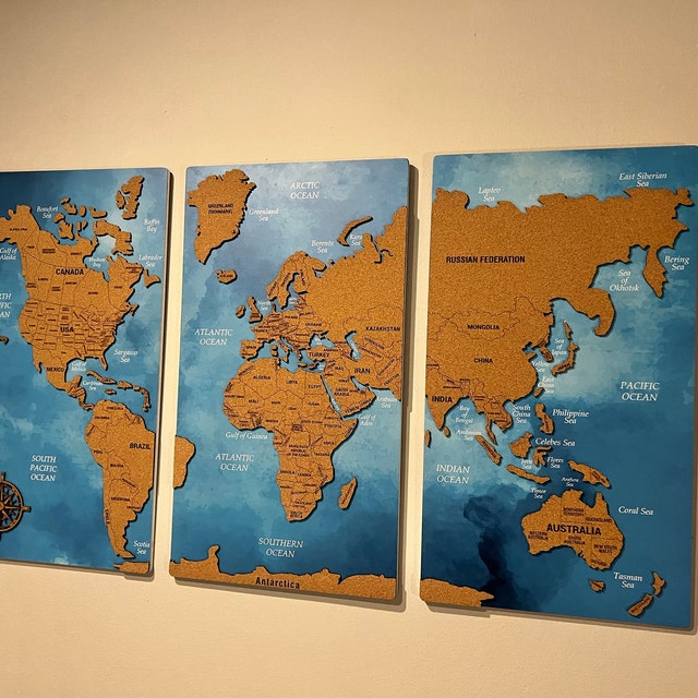 世界地図プッシュピンウォールアート、コルク世界地図ボード、木製世界
