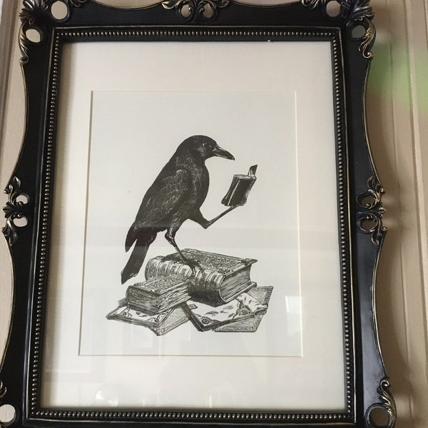 Halloween Raven Art Print Crow Reading a Book Dark Academia Edgar Allan ...