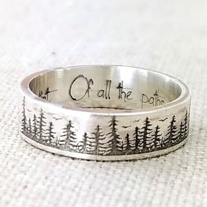 Personalized Silver Ring, Graduation Gift Gifts, Wedding Band, Forest Jewelry, Engraved Ring, Pine Tree Ring, Nature Accessories