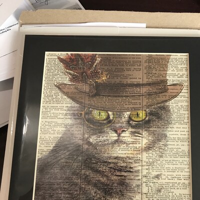Steampunk Cat Glasses Hat Persian Dictionary Vintage Art Print Poster – New, Just Made