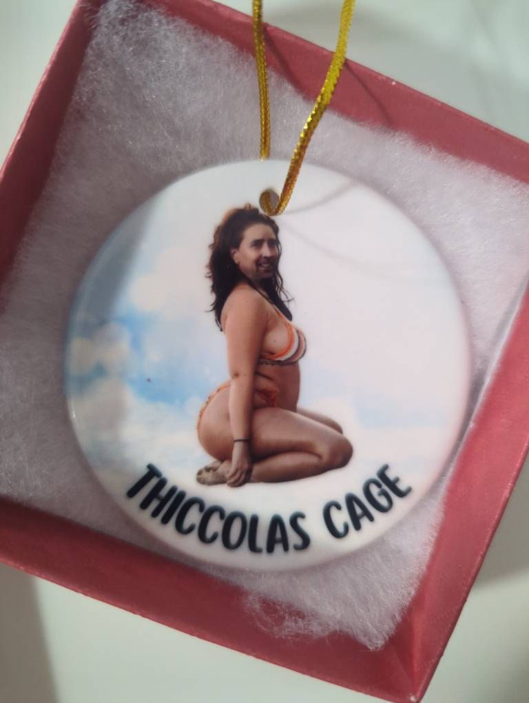 Thiccolas Cage Ceramic Christmas Ornament | Nicolas Cage | Secret Santa | Gag Gift | Funny Ornament | Ugly Ornament | White Elephant