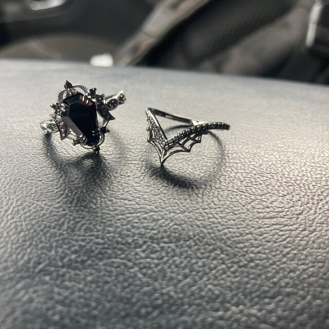 Coffin Black Moissanite Engagement Ring Set White Gold Ring