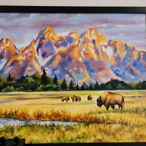 ワイオミング山脈のオリジナル絵画、ティトンの風景画、バイソン、荒野