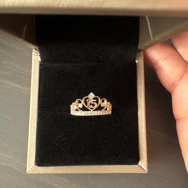 14k 15 Anos Quinceanera Ring / Yellow Gold Cubic Zirconia Crown 15 Ring ...