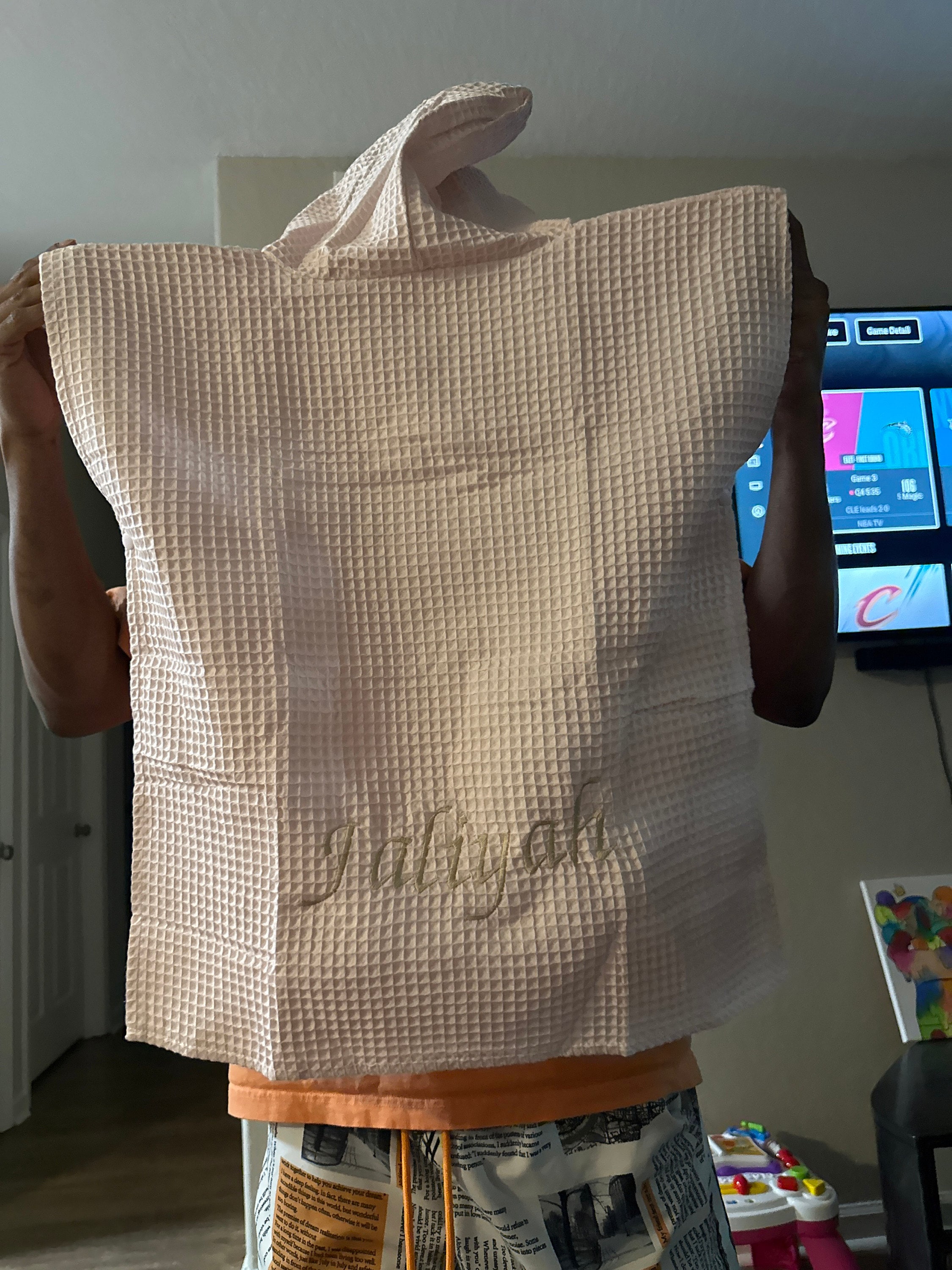 Hooded Towel with Custom Embroidery - Waffle Beach Towel Poncho - Hooded Coverup - kids swimsuit coverup - 100% organic cotton