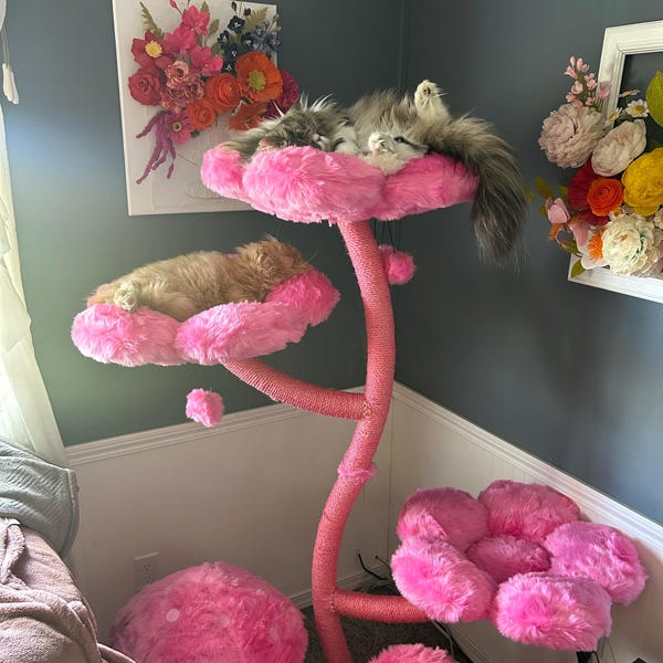 View of Wood Floral Cat Tree Tower, Wooden Cat Tower, Modern Cat Climbing Tree ...