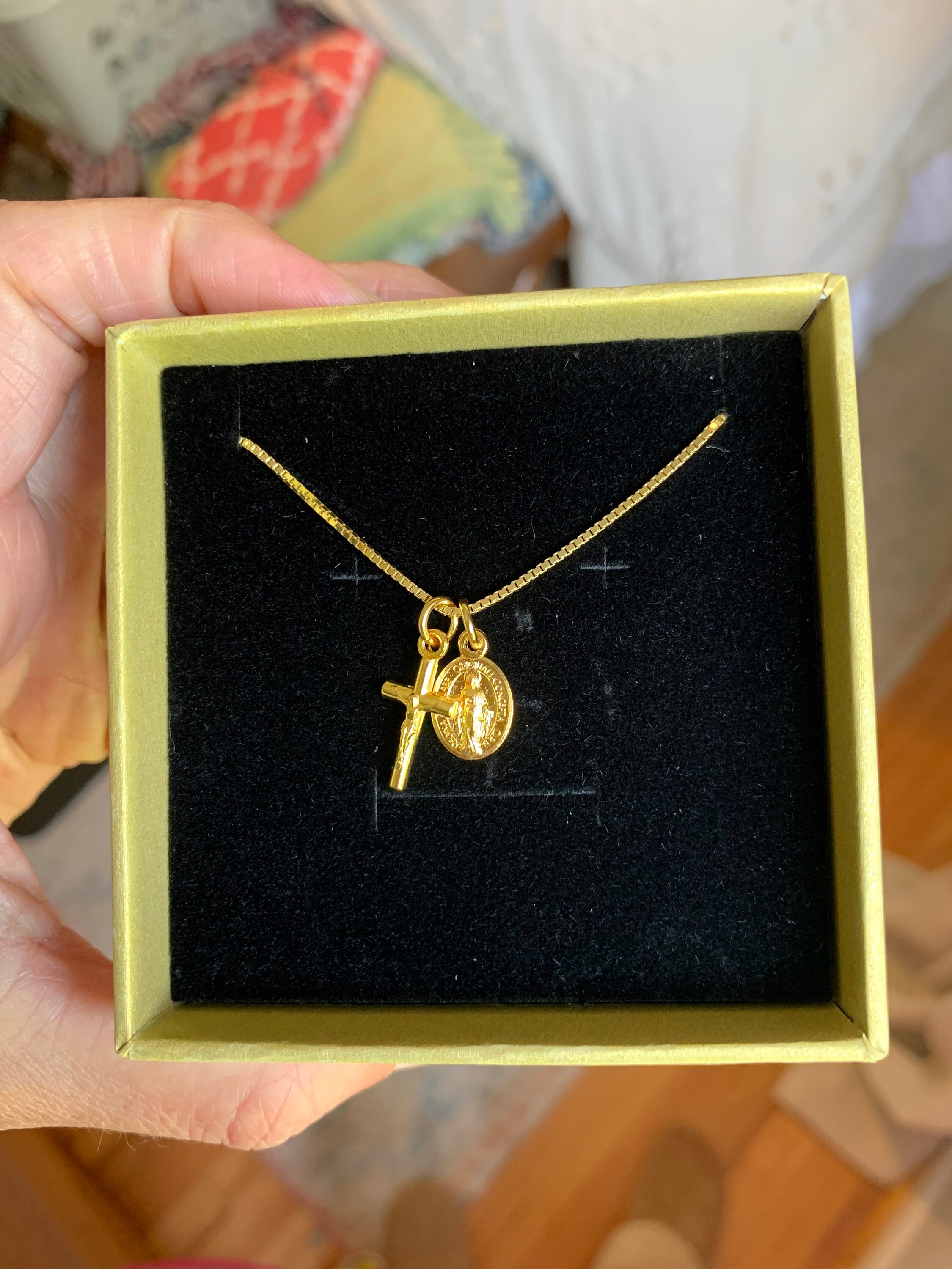 Tiny Gold Tone Miraculous Medal, Virgin Mary Miraculous Medal, Gold Plated Sterling Box Chain, Virgin Mary Medallion, Tiny Gold Cross