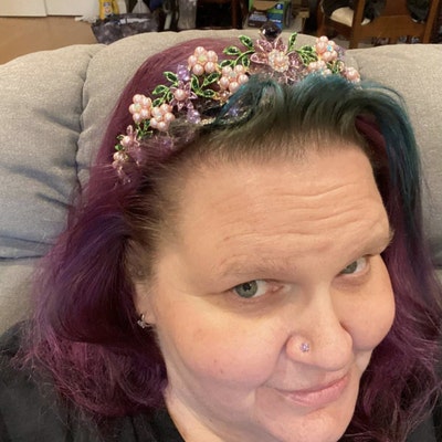 Lola's Tiara Purple & Lavender Crystals Faux Pink Pearls Flower Details