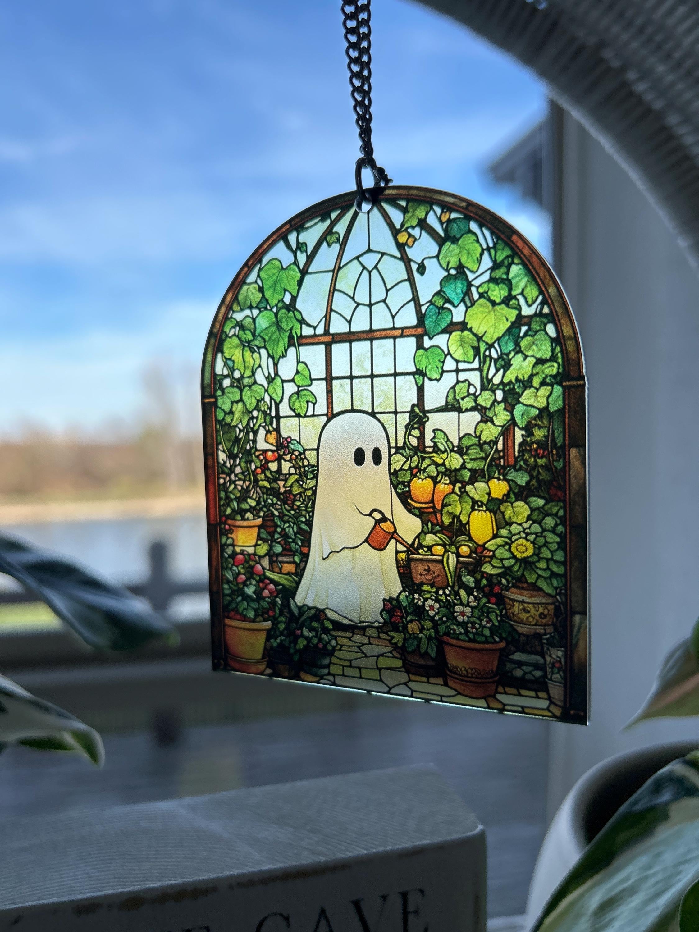 Cute Ghost Greenhouse Suncatcher Ornament, Halloween Ghost Acrylic Window Hangings, Plant Lovers Gift, Halloween Home Decor, Gift For Mom