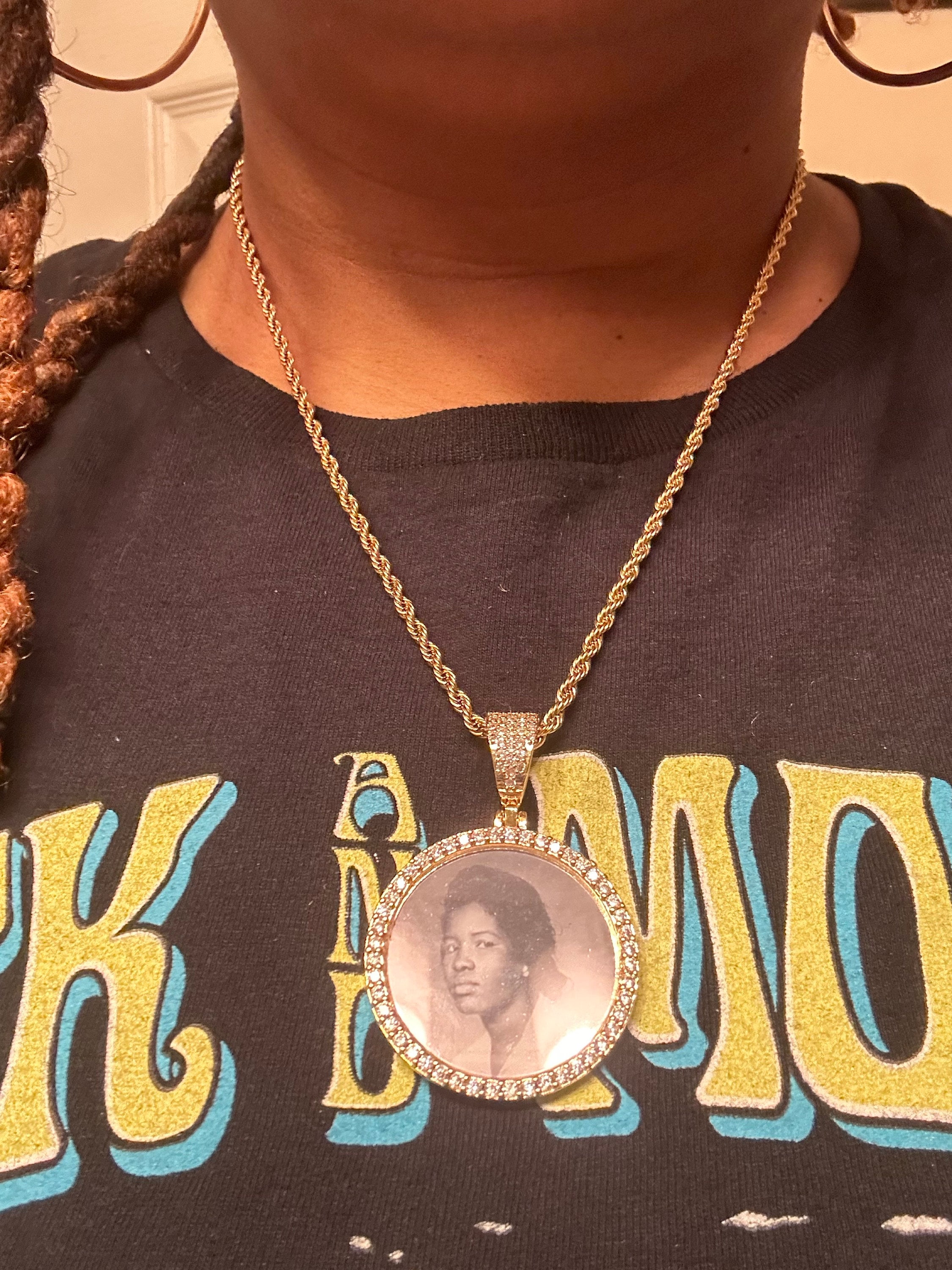 Personalized Diamond Studded Angel Wings Photo Necklace, Photo Necklace, Hip Hop Photo Pendant, Iced Custom Round Photo Pendant
