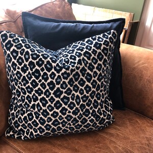 Navy Blue and Ivory Leopard Print Pillow Cover With Velvet Accents