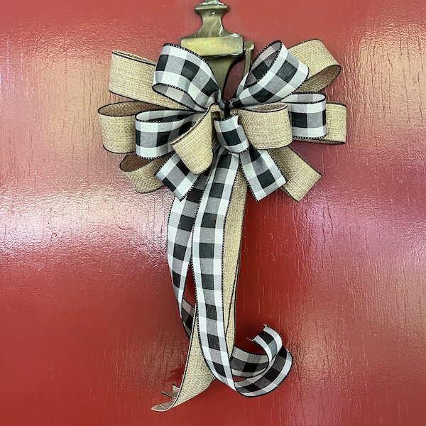 Vintage Burlap Ribbon Bow, Farmhouse Check Bows, Rustic Burlap Ribbon ...