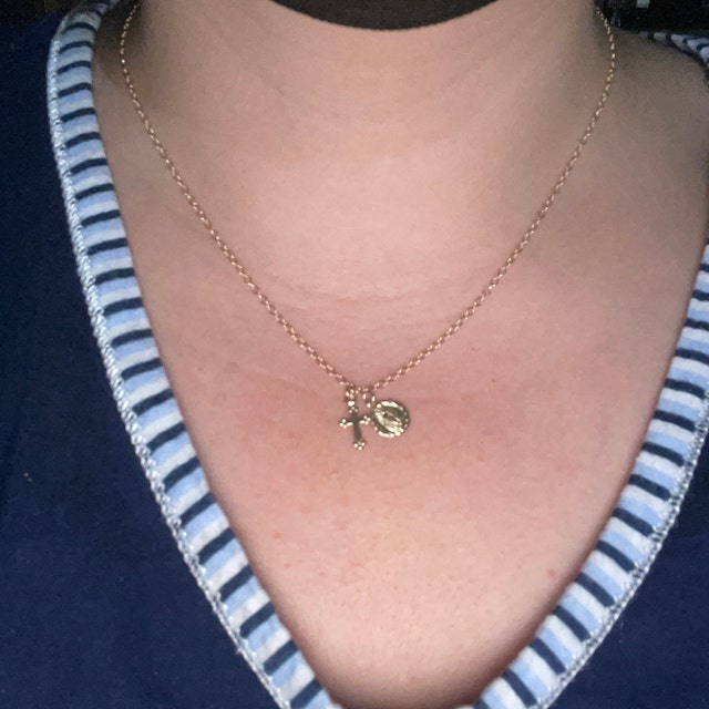 Tiny Cross & Saint Charm Necklace, Vintage Cross, Virgin
