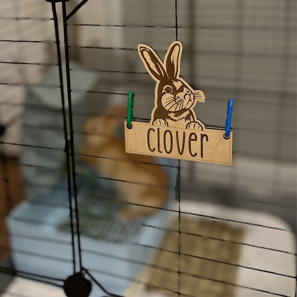 Bunny Rabbit Ears up Cage Tag, Personalized, Custom, Engraved Wood, Pet ...