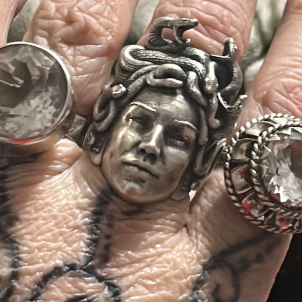 BySilverStone Handmade Sterling Silver Gorgon Medusa Ring - Biker Gothic Men's/Women's Ring, Oxidized Finish, Size 5-15