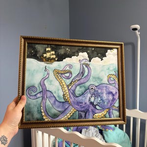 タコと船の絵画 - タコの版画、海賊船の絵画、タコのアート、海賊の