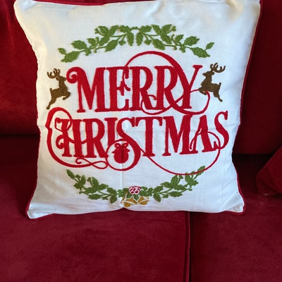 Merry Christmas Embroidered Wreath Throw Pillow Cover White - Etsy