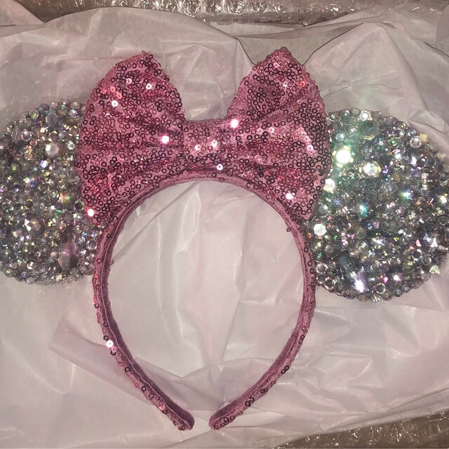 Damier Azur Minnie Ears with pink sequin detail.