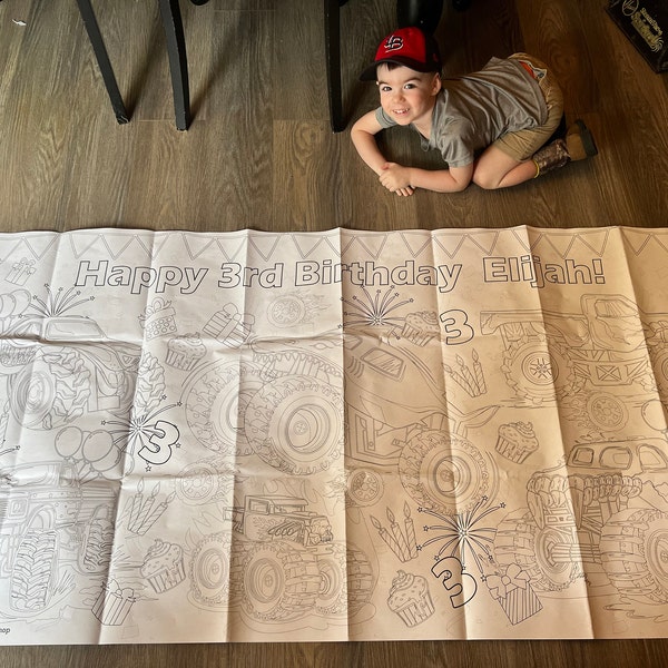 Monster Truck Birthday Party Coloring Tablecloth Personalized Monster ...