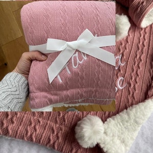 Personalised Cable Knit Pom Pom Baby Blanket - Embroidered Name, 100% Acrylic, Unisex