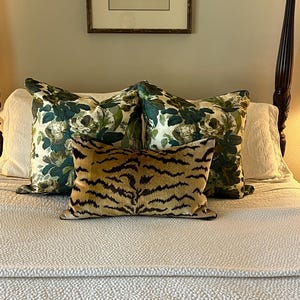 Jennifer Shorto- Petrel In Blue Natural Linen Patchwork Modern Pillow Cover - Blue and Tan Arts and Craft style