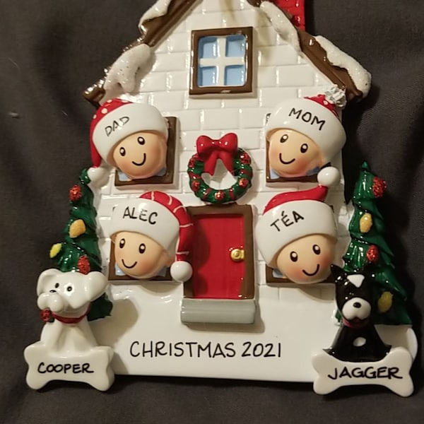 Personalized Family of 4 Home Ornament With 2 Dogs or Cats Added -4 ...