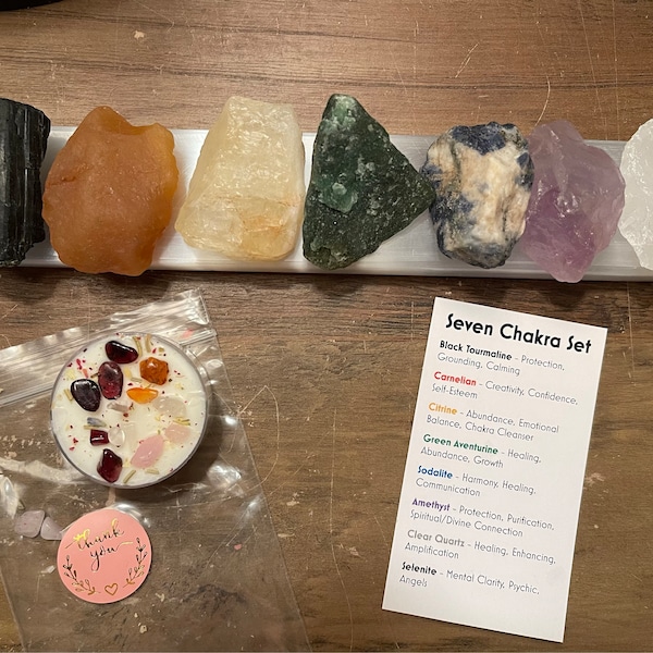 Raw Crystal 7 Chakra Set With Selenite Plate - Chakra Kit - Crystals ...