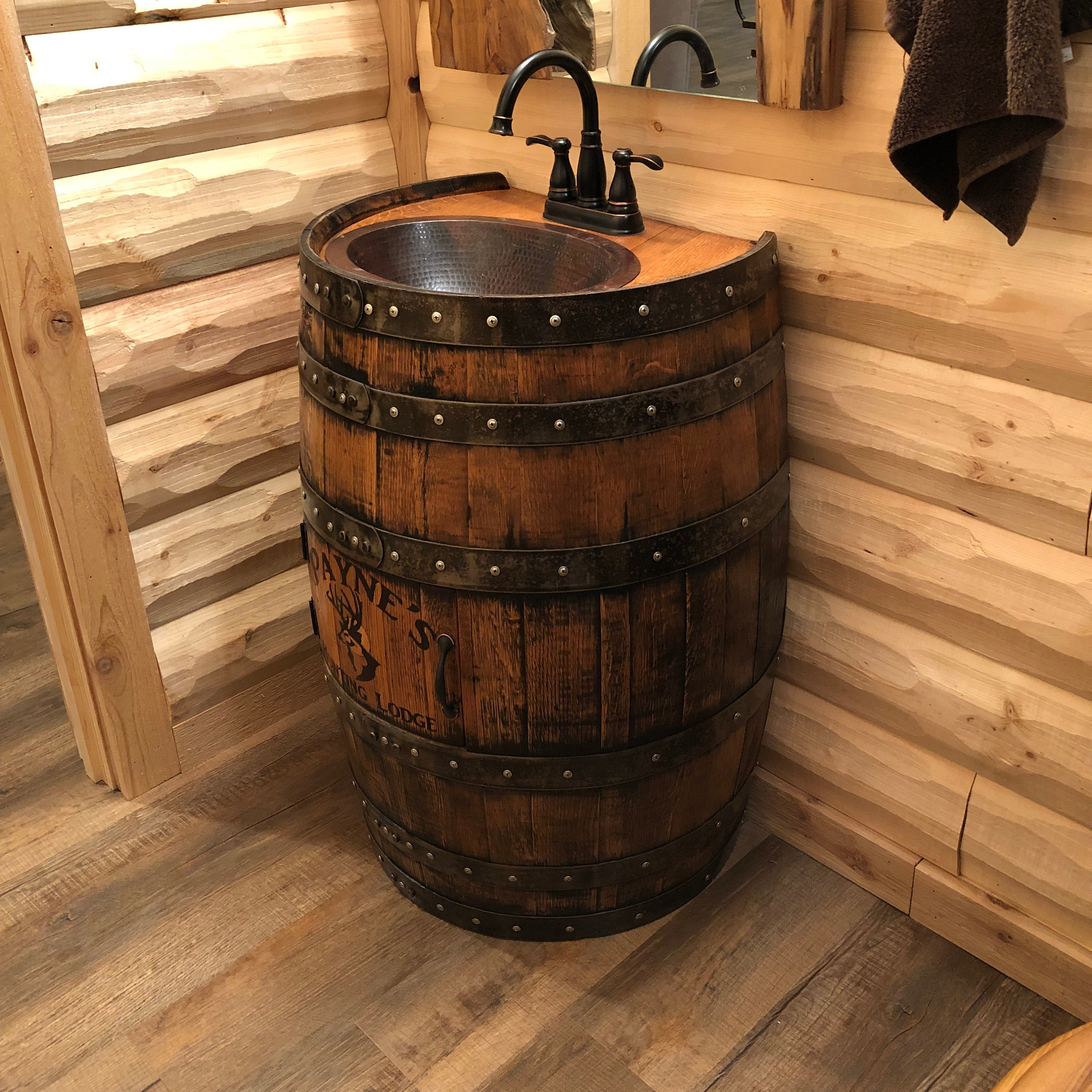 Whiskey barrel sink, hammered copper, rustic antique bathroom / bar