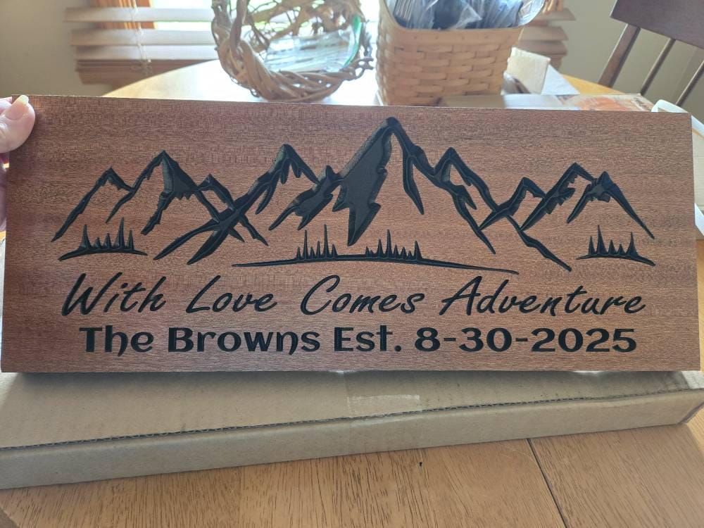 Custom Carved Mountain Wall Art - Unique Anniversary or Wedding Gift with Family Name Established Date Wood Sign, with Love Comes Adventure