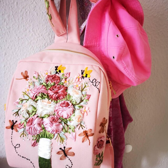 Backpack Embroidered With Ribbon Flowers | Handmade Backpack