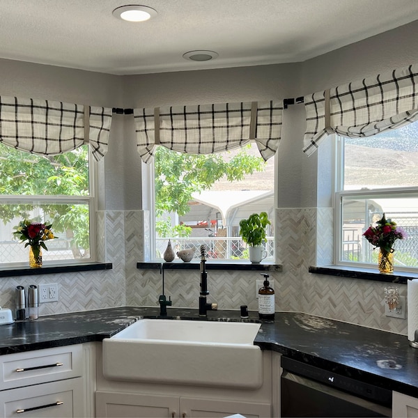 Kitchen Valance Window Treatments Black and White Tan Neutral Valance ...