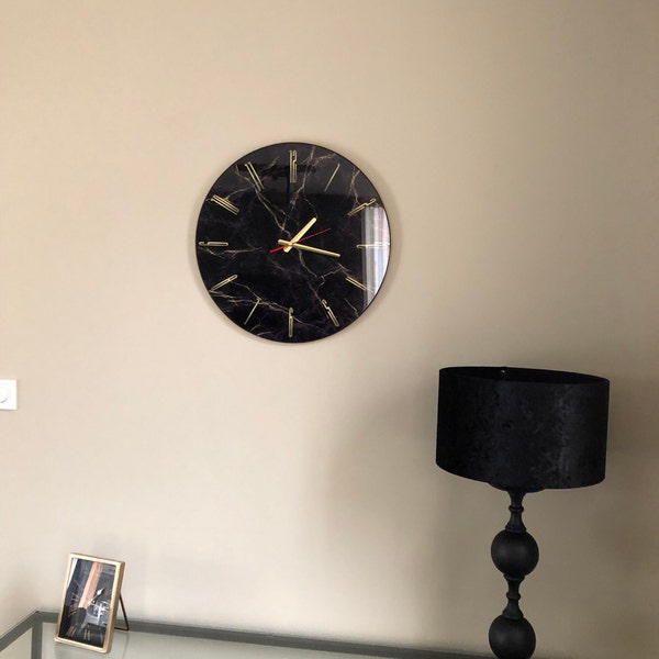 Black and Gold Marble Print Glass Wall Clock, Large Modern Wall Clock ...