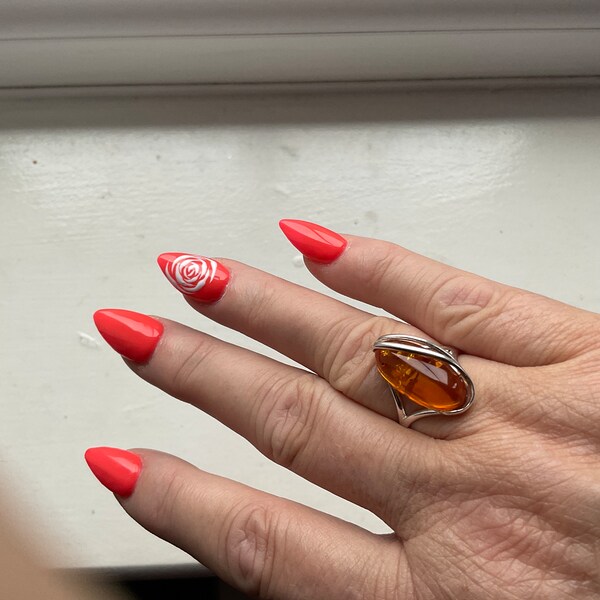 Genuine Baltic Amber Ring - Natural Cognac Stone In Stainless Steel - Size 7-8