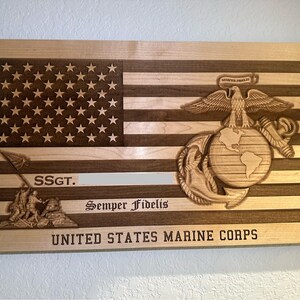 Personalized USMC Marine Corps Flag Plaque in Solid Maple or