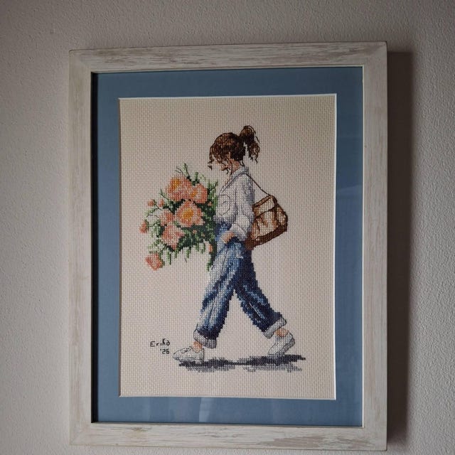 花束を持った少女2人組のクロスステッチ図案（PDF図案） - Etsy 日本
