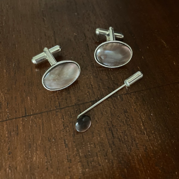 mother of pearl cufflinks and tie pin