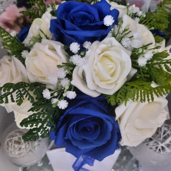 Gorgeous Ivory and Royal Blue Rose Coloured Roses Brides Wedding ...