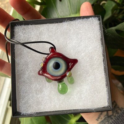 Glass Eye Pendant, Flameworked Boro, Yellow Iris, Blue Casing With