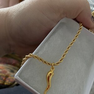 10K Real Gold Italian Cornicello Pendant Necklace – 1.7" Horn, 2.2mm Rope Chain – K6388