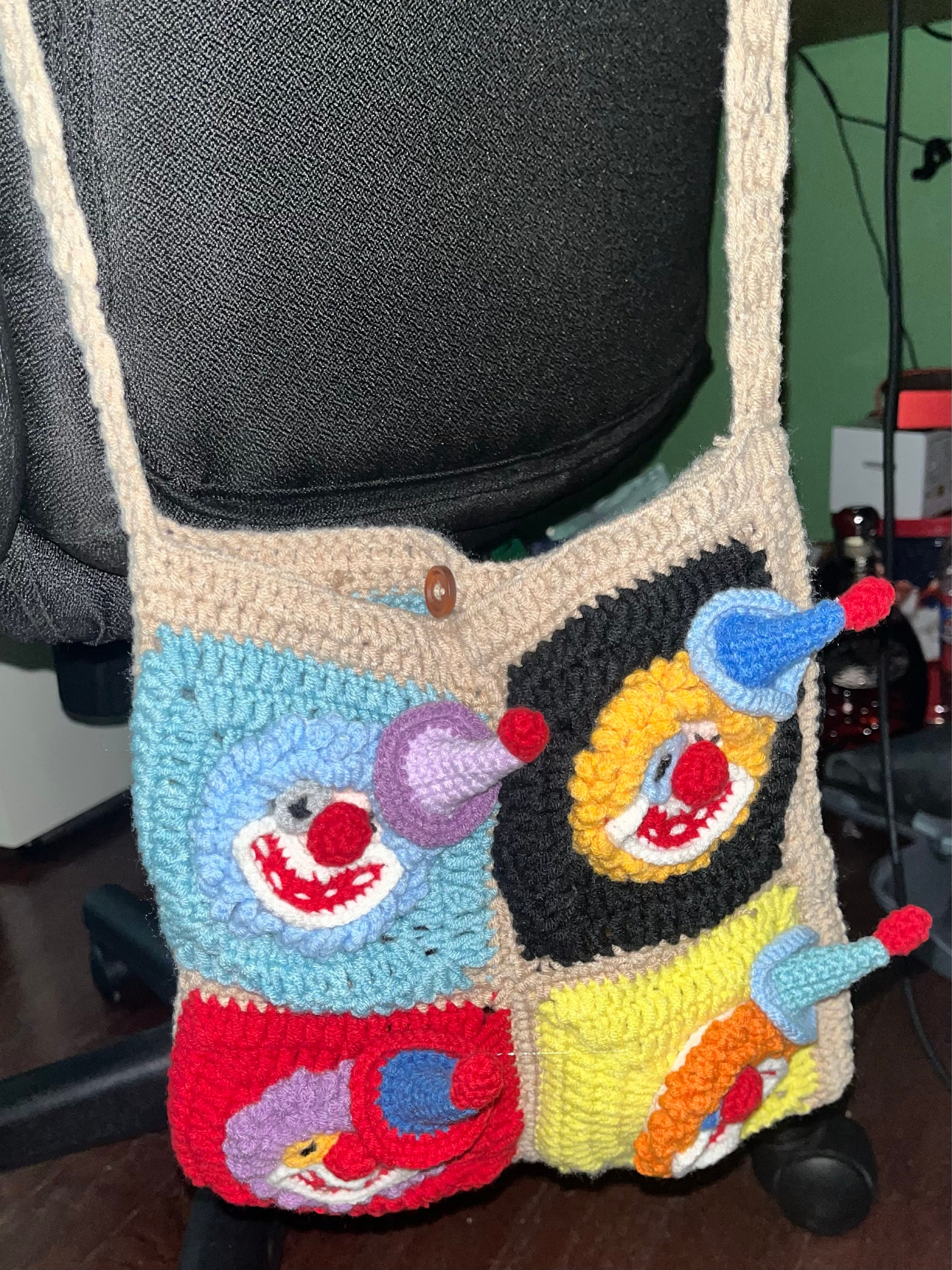 Vibrant Clown Quartet Crossbody Bag: Carry the Carnival with You!Valentine's Day Heart Edition|Crochet accessory bag|Handcrafted crochet bag