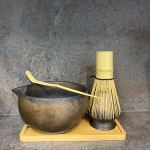 Japanese-style Rustic Matcha Tea Set with Ceramic Bowl with Spout, Bamboo Whisk, Whisk Holder, and Scoop