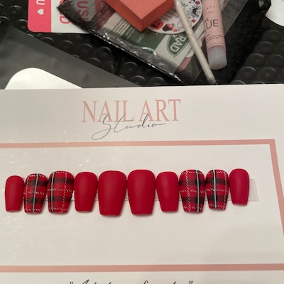 Red Plaid Press on Nails Christmas Nails Winter Nails Fake Nails ...