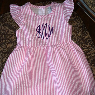 Monogrammed Toddler or Little Girl Seersucker Easter Dress, Pink Ruffle ...
