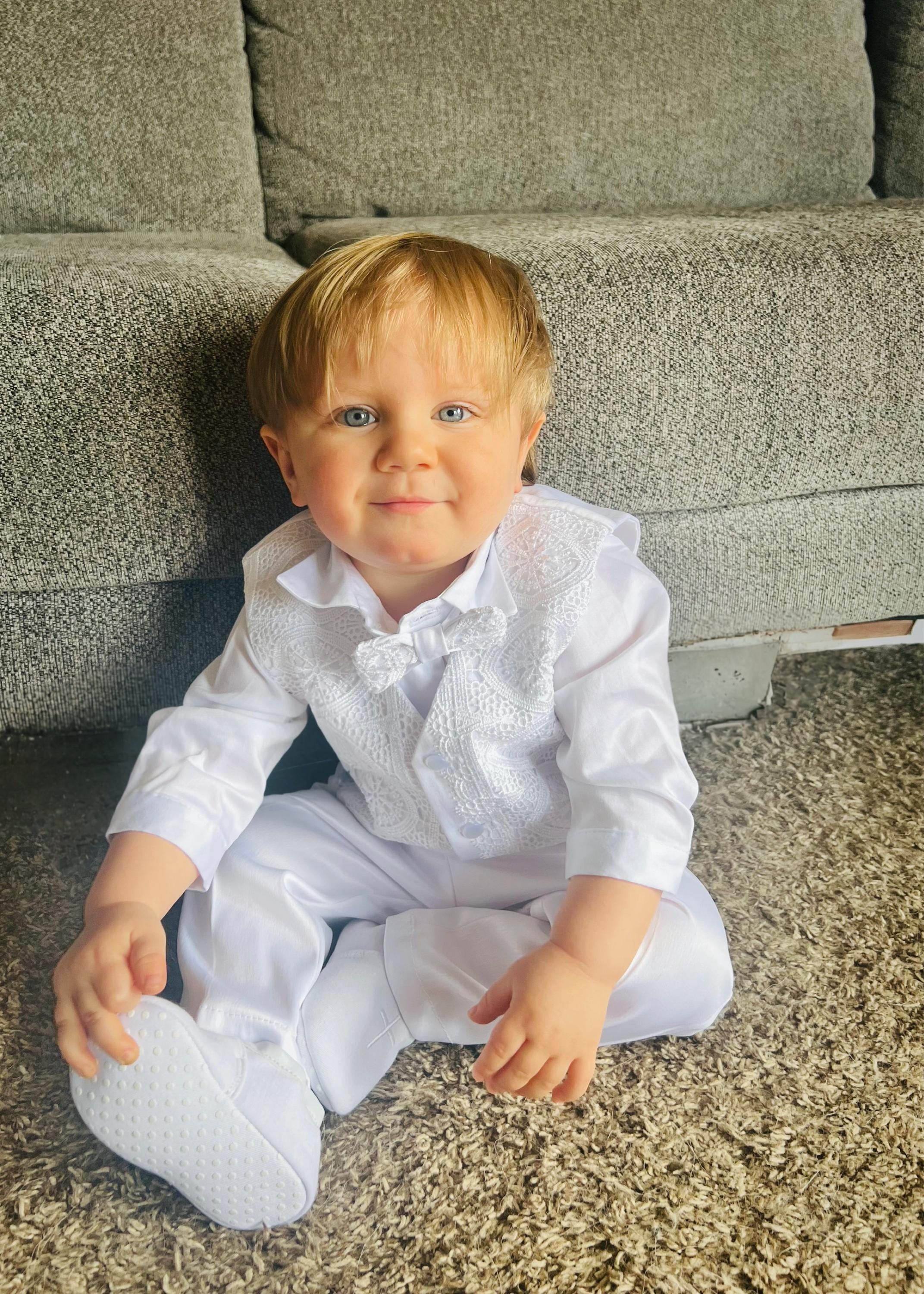 White Baptism Outfit for Baby Boy, Boys Blessing Outfit, Christening Suit - Hat - Booties, Baby Boy Christening Clothes, Boy Wedding Outfit