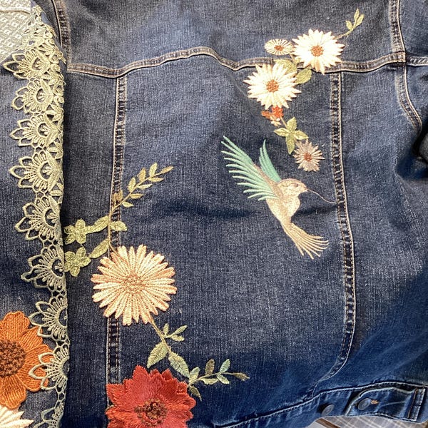 Boho Embroidered Denim Jacket: Handmade Hummingbird Floral Jean Jacket ...